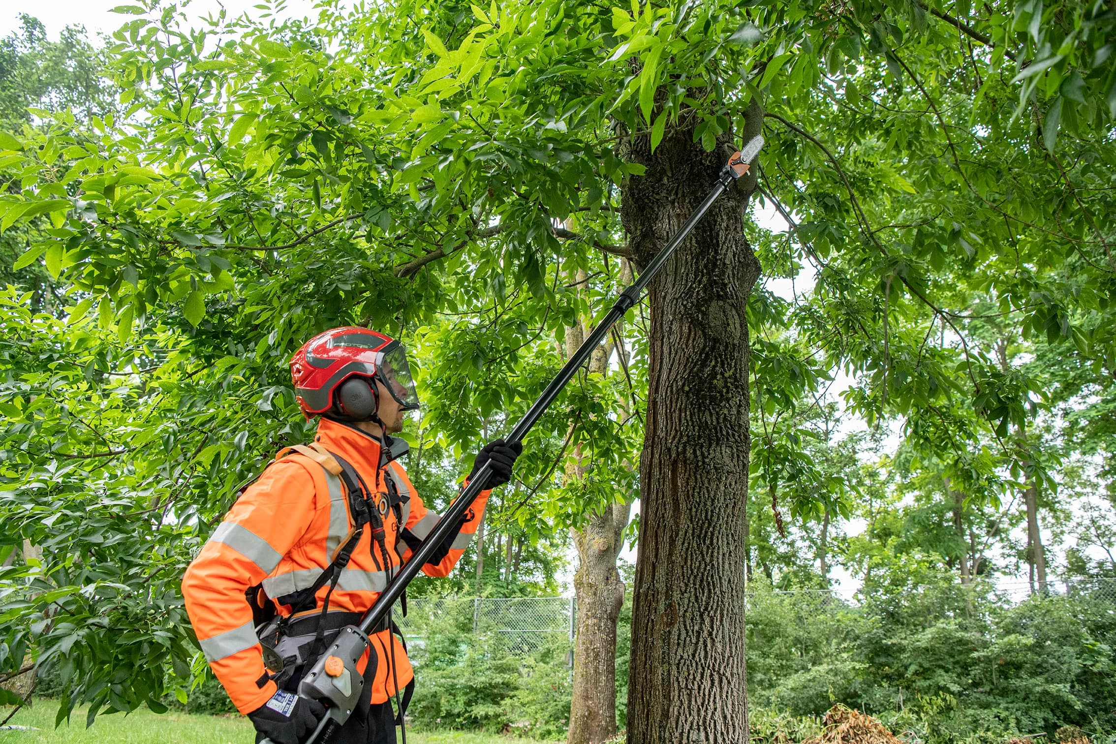 Intervenant GSF réalisant un entretien extérieur d’élagage avec équipement de protection.