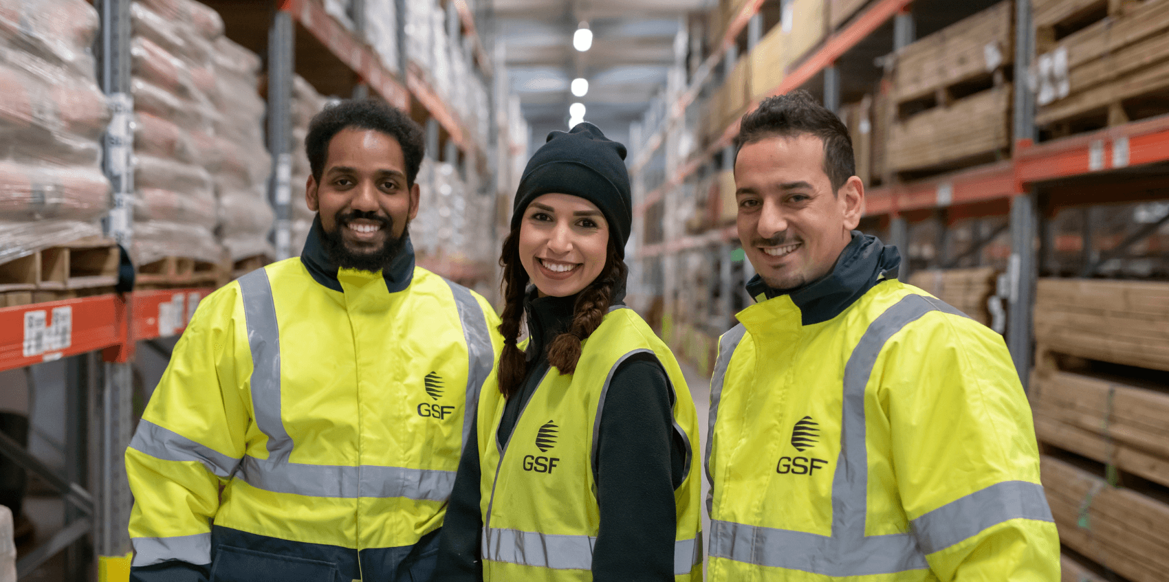 GSF team in a warehouse — several people coordinated on one site.