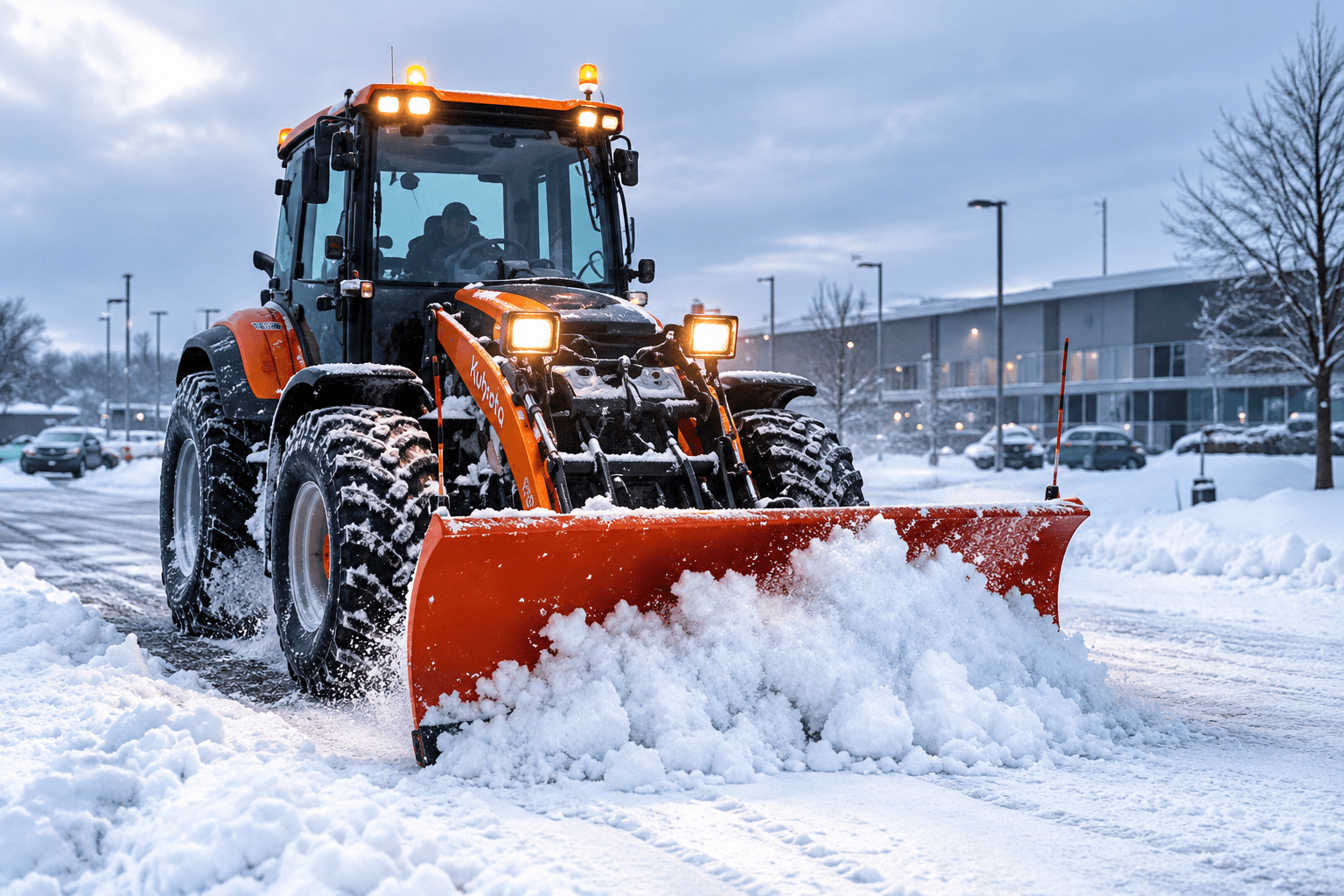 Snow removal on a parking lane in front of a building, with a tractor-mounted blade.