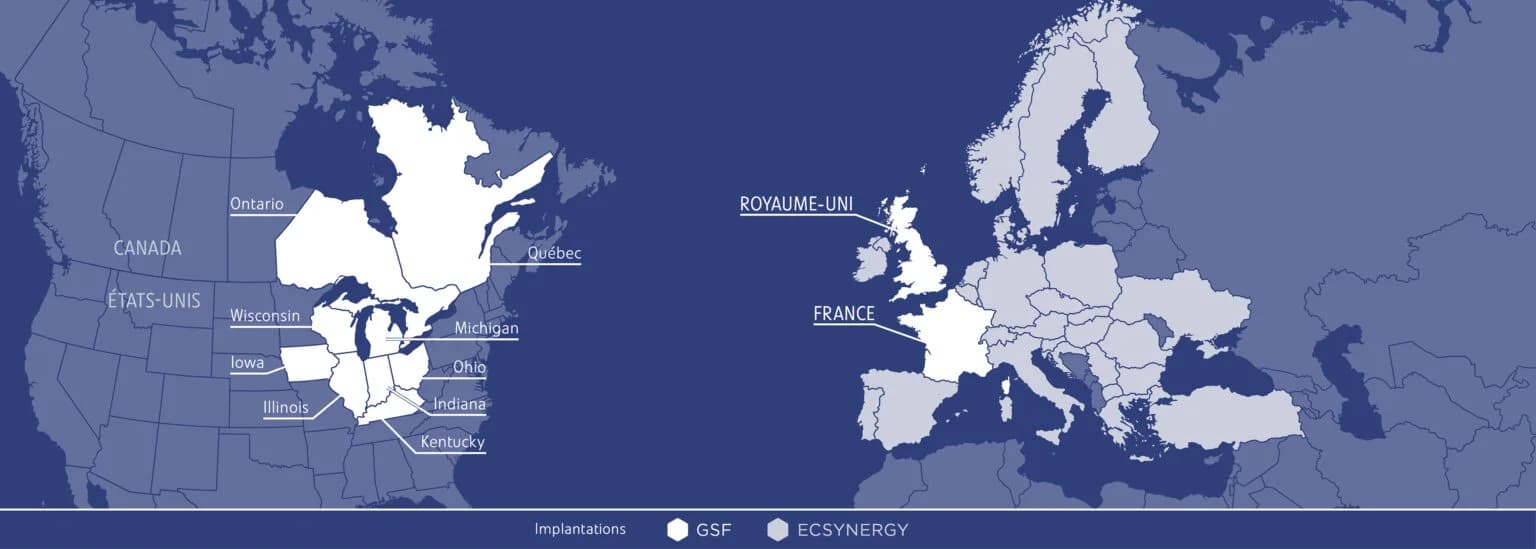 Carte du monde Groupe GSF 2026 — présence internationale, Canada mis en évidence.